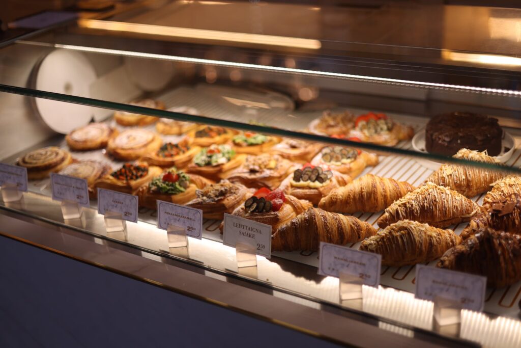 sweet and savoury puff pastry snacks on display